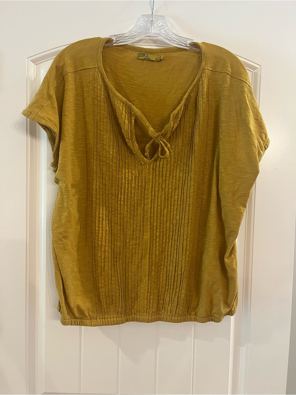 Prana Mustard Pintuck Tie-Neck Short Sleeve Top